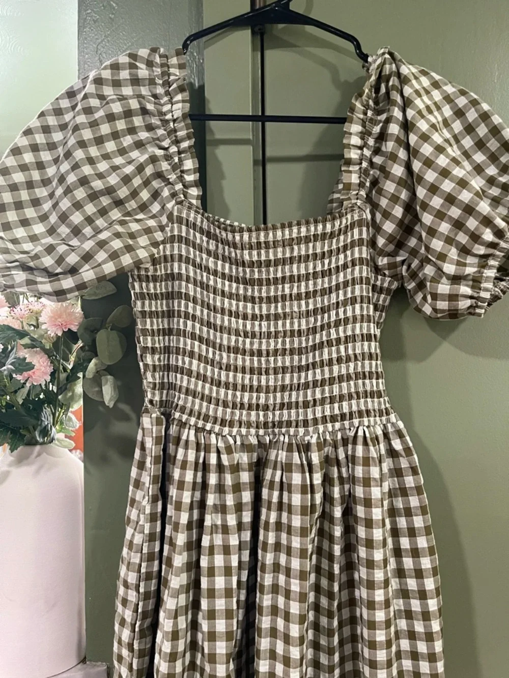 Gingham Smocked Midi Dress in Olive Green - Bump Friendly - Picture 6 of 8